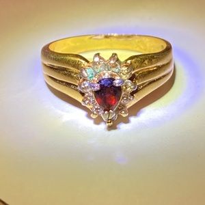 Vintage Sweetheart Ring Ruby And CZ stones Gold Toned Ring Size 8 3/4